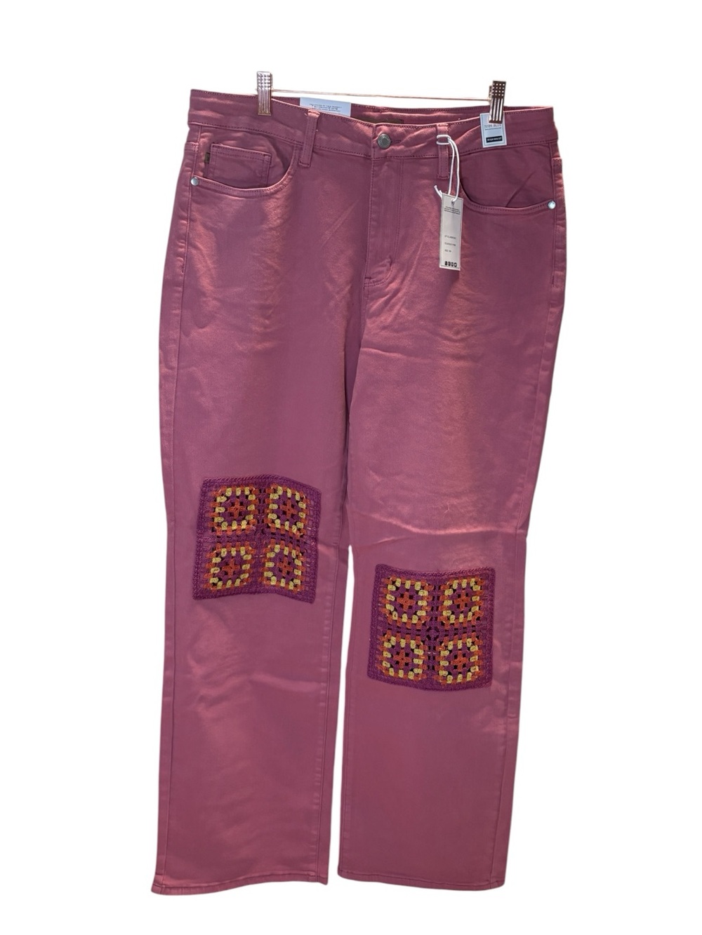 Judy Blue Rose Pink Straight Leg Jeans with Crochet Knee Patches